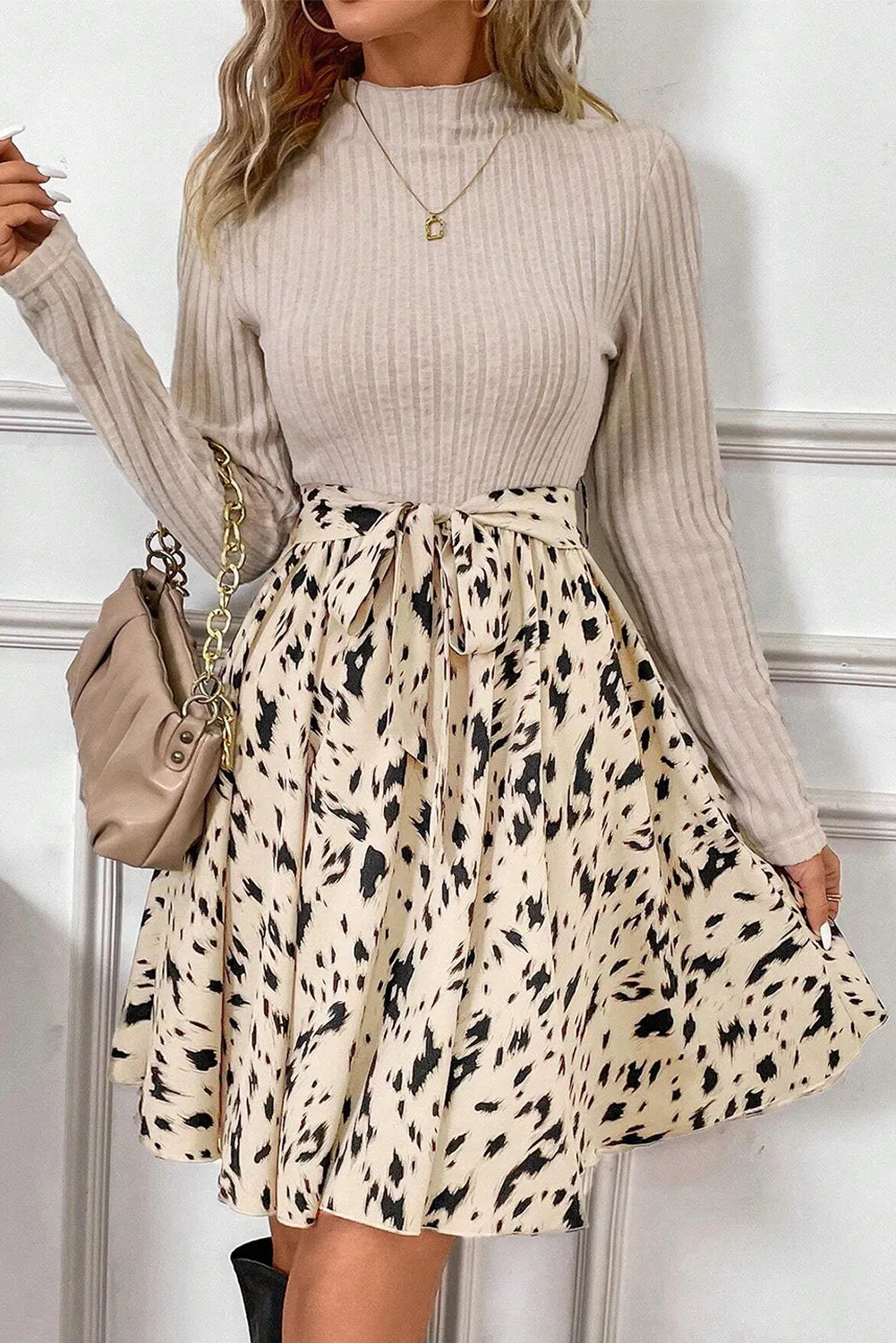 Tied Printed Mock Neck Long Sleeve Dress