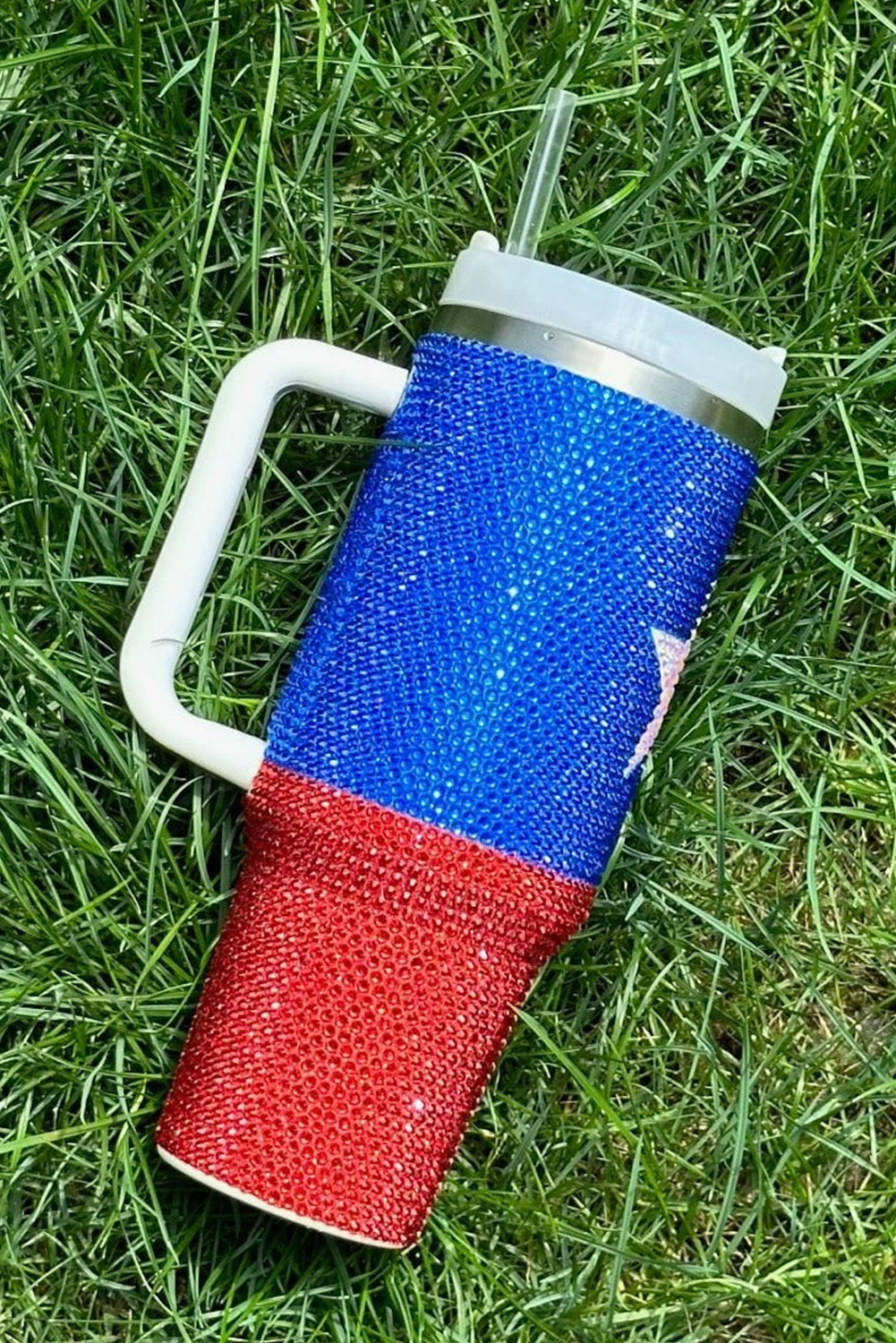 Dark Blue American Flag Star Full Rhinestone Handle Tumbler 40oz