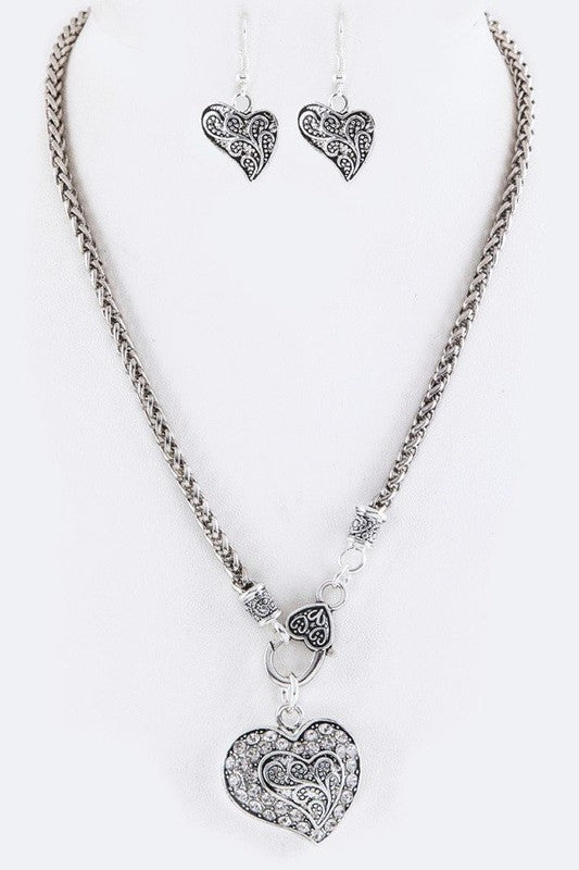 Crystal Swirl Heart Pendant Necklace Set