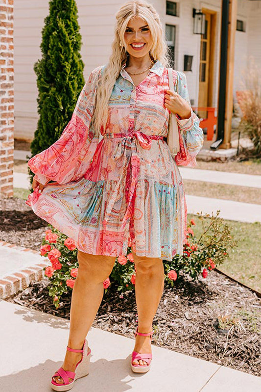 Chic Pink Patchwork Print Plus Size Dress with Bubble Sleeves and