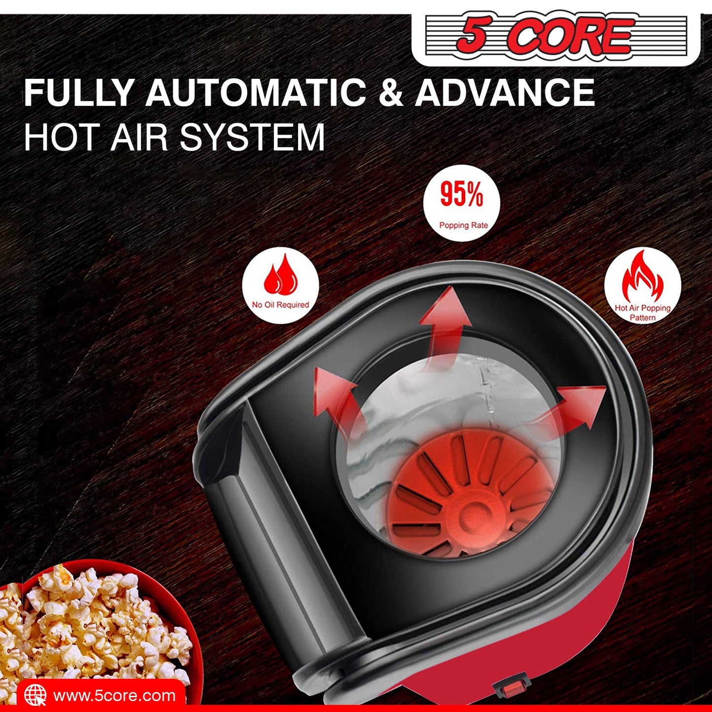 5Core Hot Air Popcorn Machine, 16 Cup, Electric Oil-Free Pop Corn