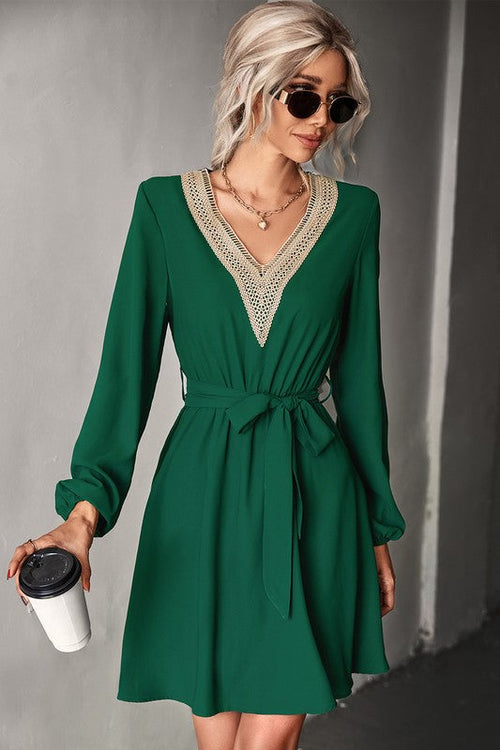 Women's Long Sleeve V Neck Mid Dress