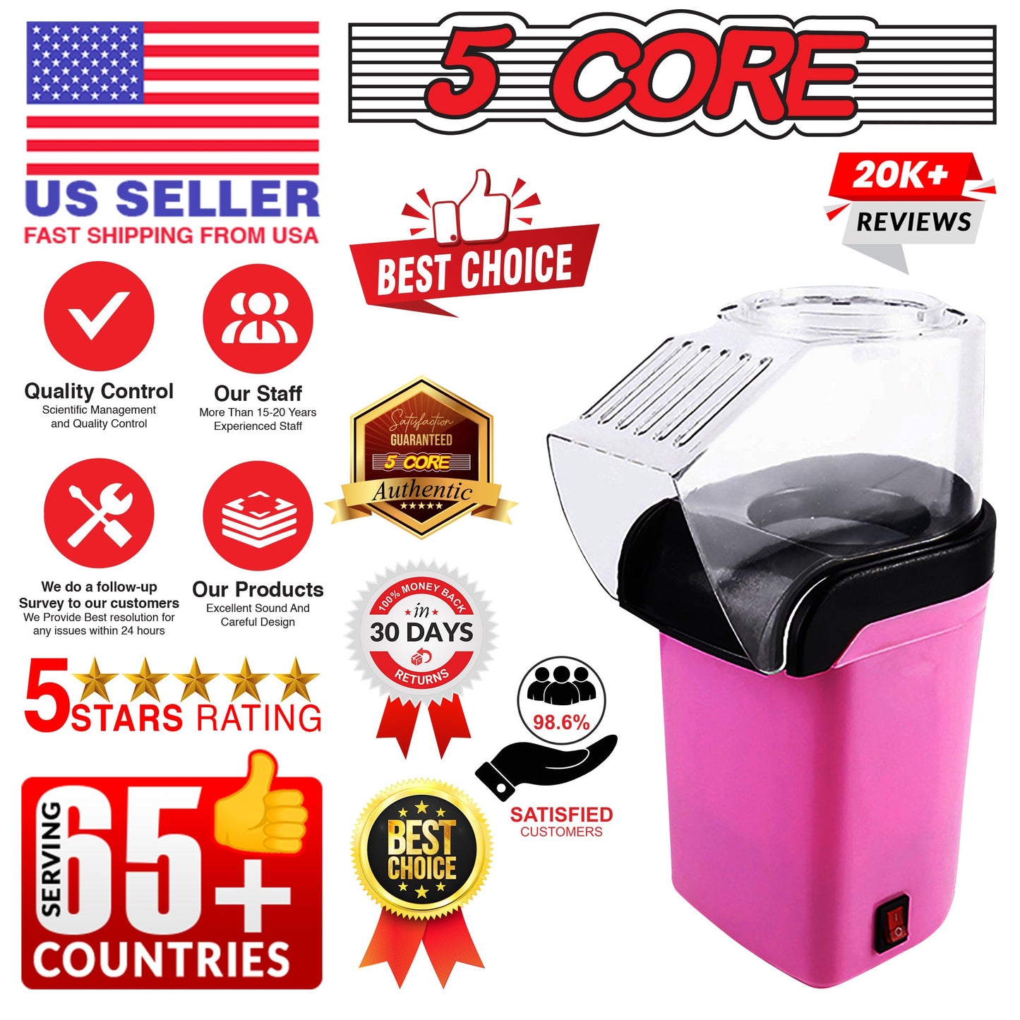 5Core Hot Air Popcorn Machine, 16 Cup, Electric Oil-Free Pop Corn