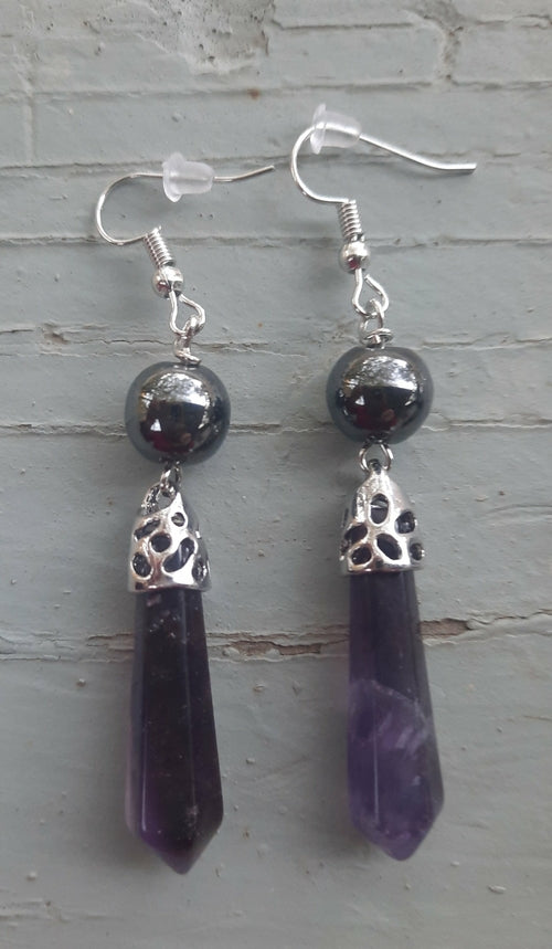 Amethyst Shungite Black Tourmaline Hematite Earrings EMF 5G Protection