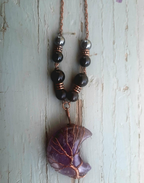 Crescent Moon Crystal Shungite Hematite Black Tourmaline Wire Wrapped