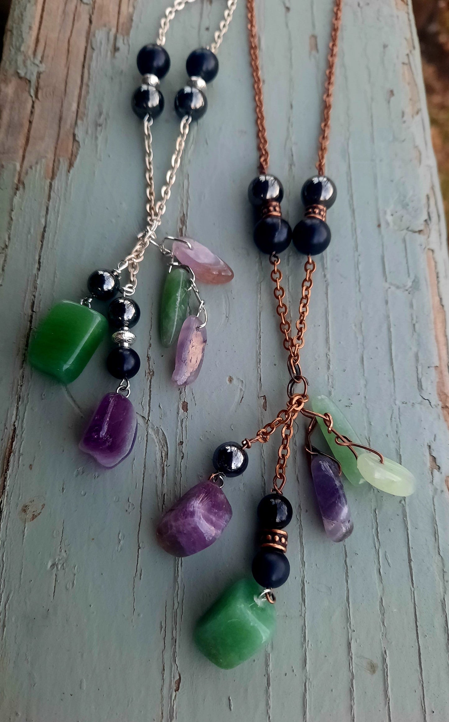 Crystal Chunky Dangle Amethyst & Aventurine: Shungite Hematite Black