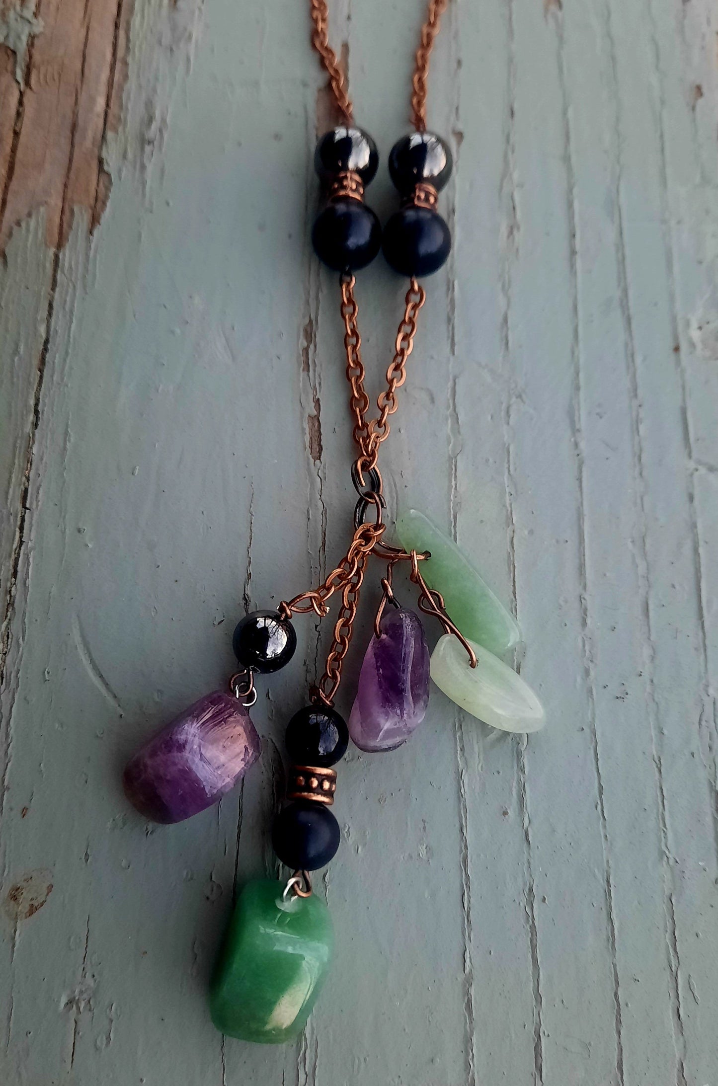 Crystal Chunky Dangle Amethyst & Aventurine: Shungite Hematite Black