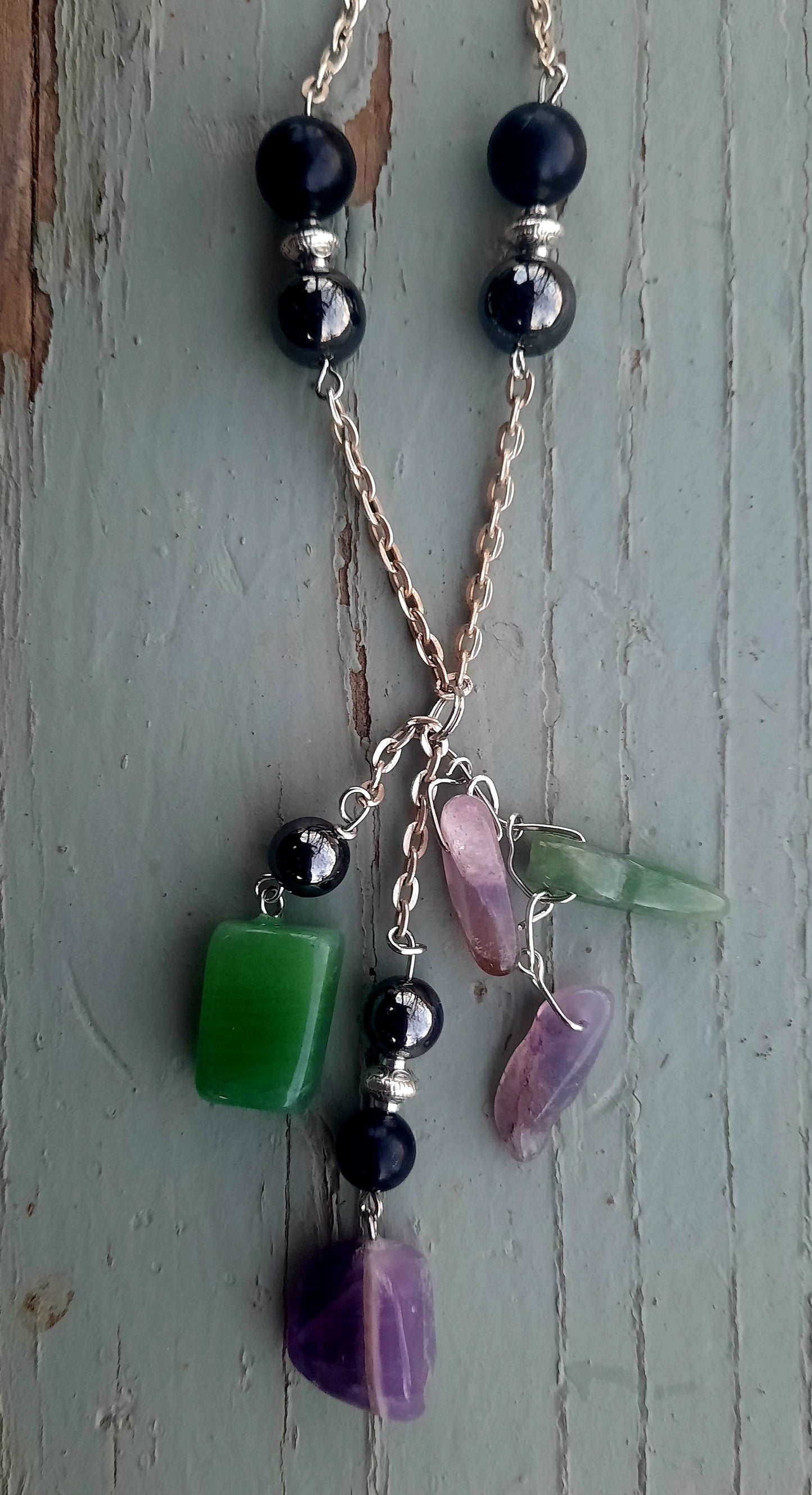 Crystal Chunky Dangle Amethyst & Aventurine: Shungite Hematite Black