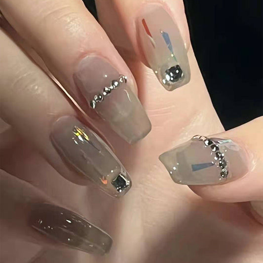 Transparent Gray Manicure Niche High-End Square Drill Wearing Nails Fa