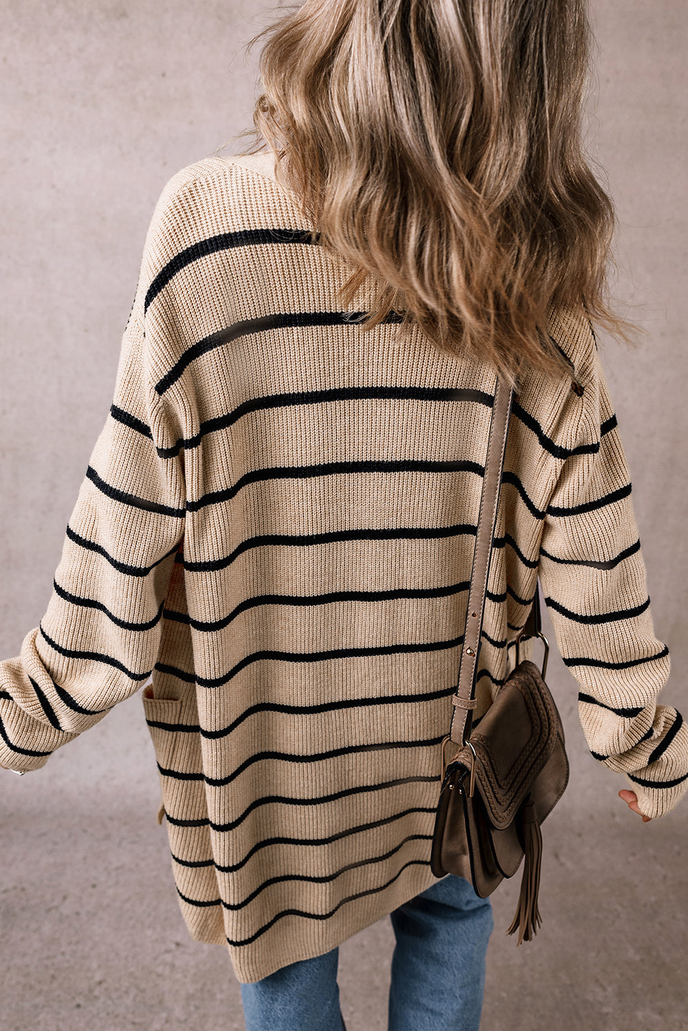 Black Stripe Shawl Neckline Open Cardigan with Pockets