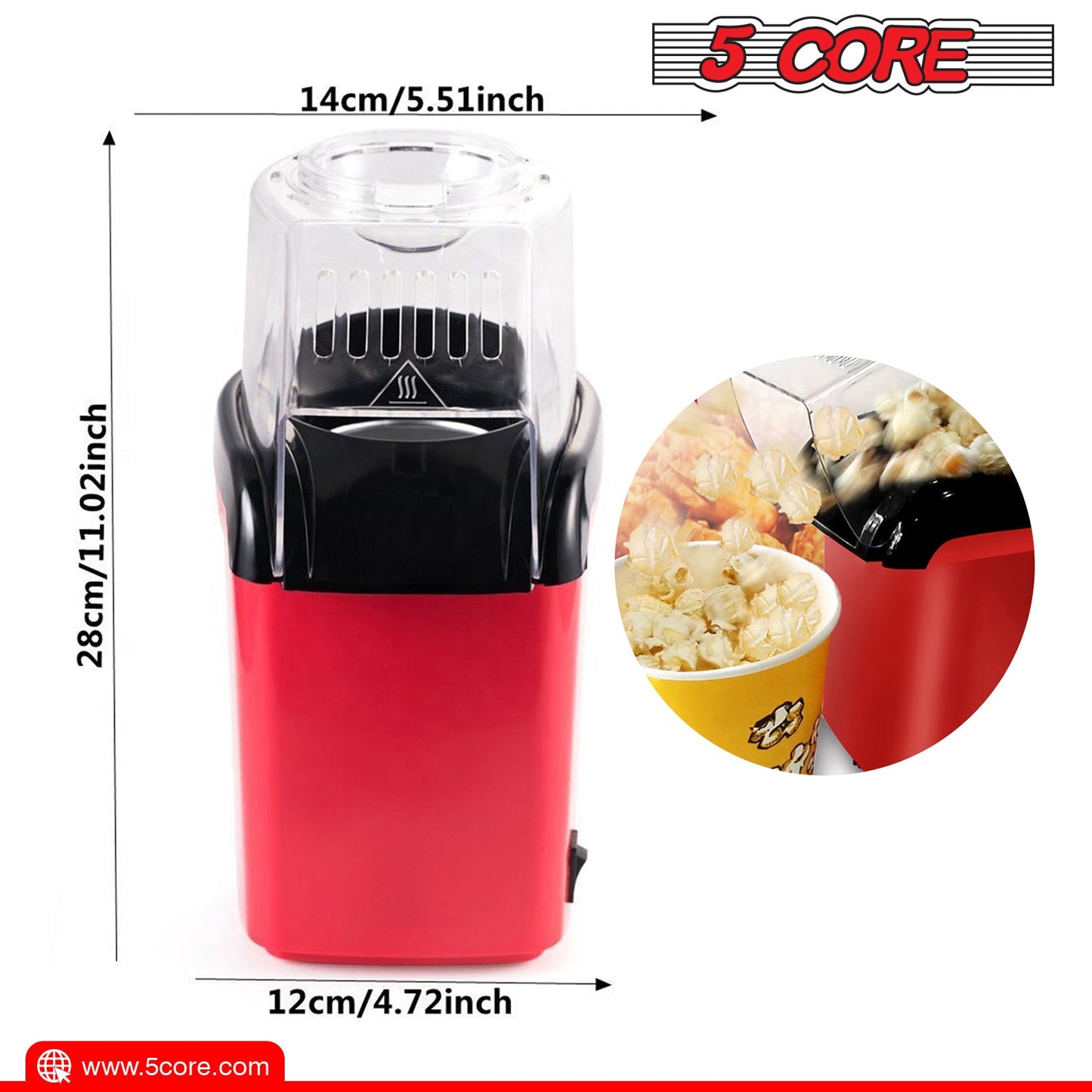 5Core Hot Air Popcorn Machine, 16 Cup, Electric Oil-Free Pop Corn