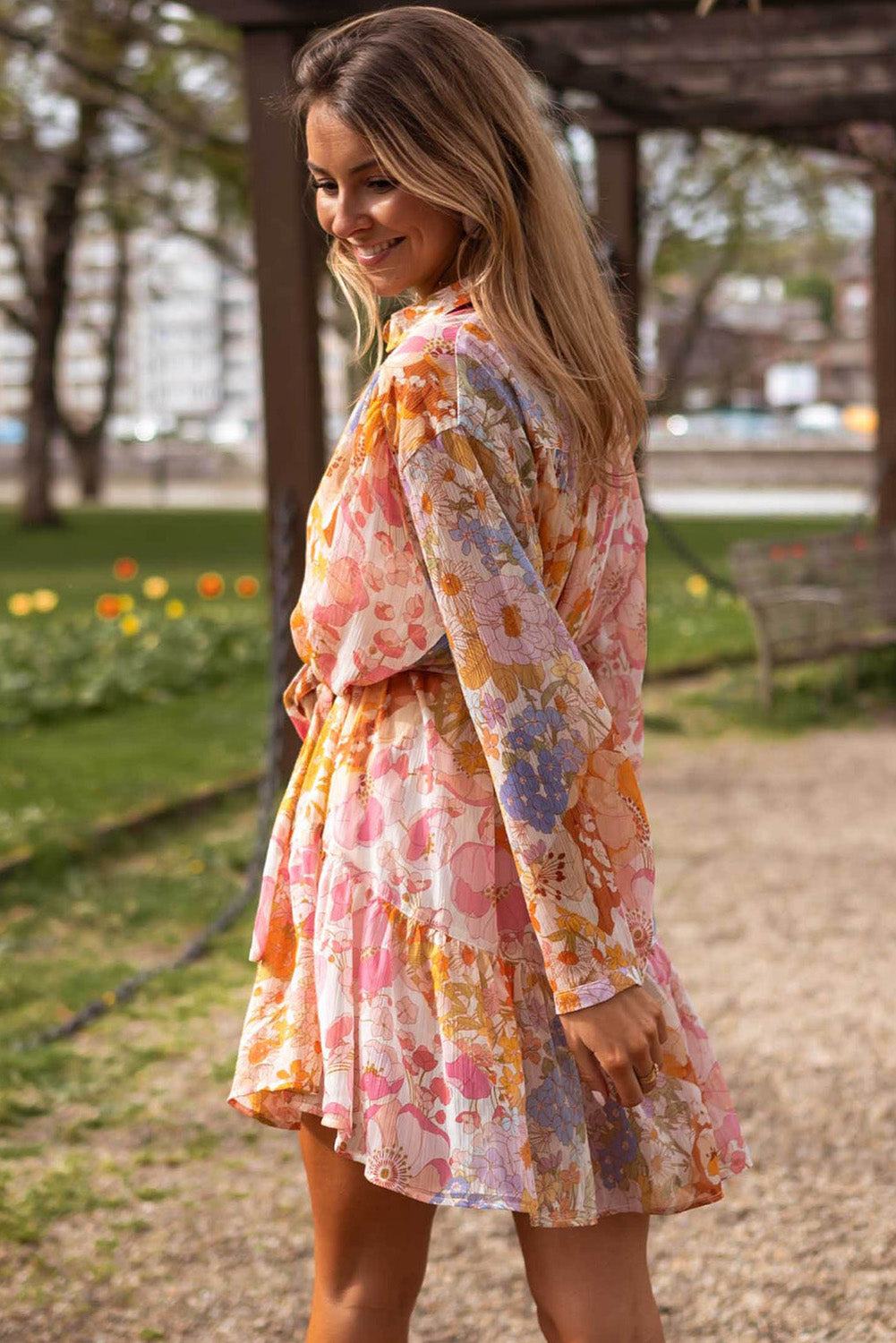 Yellow Ruffled Buttoned Knotted High Waist Floral Mini Dress