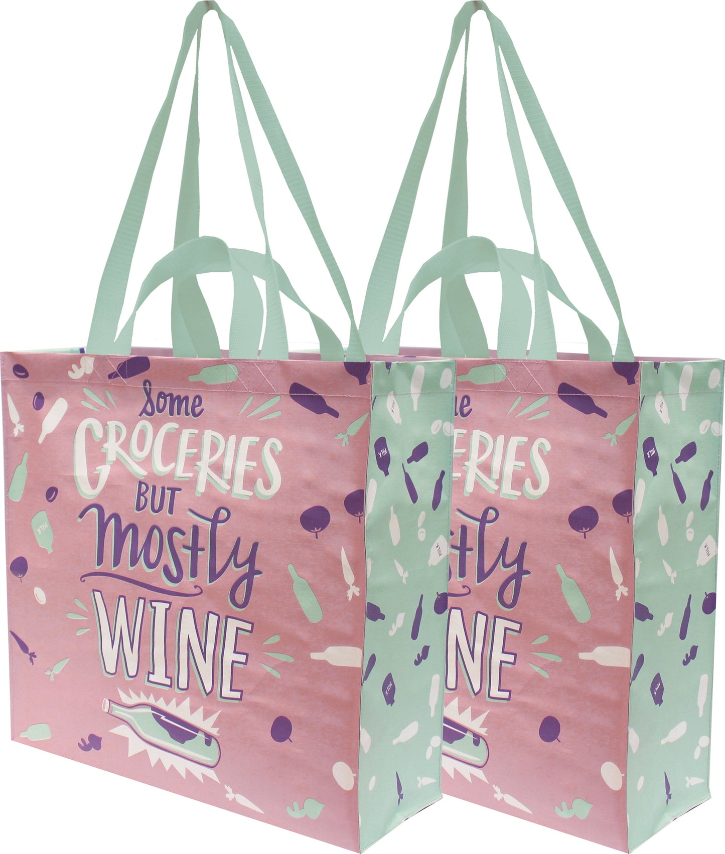 Some Groceries But Mostly Wine Large Market Tote Bag in Pink and Blue