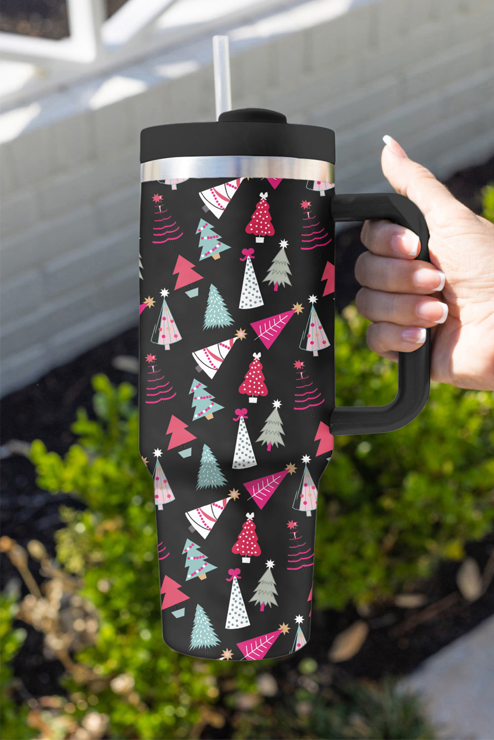 Black Cartoon Christmas Tree Printed Thermos Cup 40oz