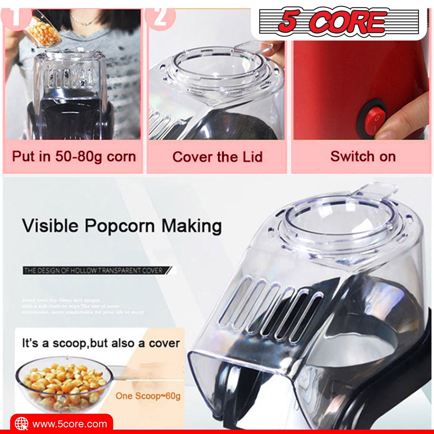 5Core Hot Air Popcorn Machine, 16 Cup, Electric Oil-Free Pop Corn