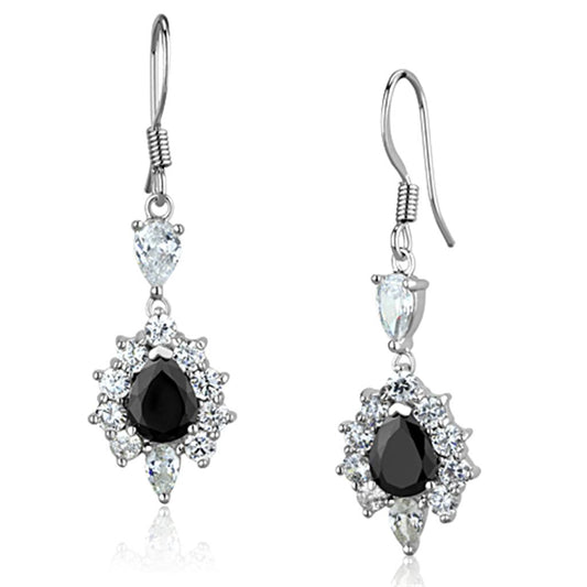 3W705 - Rhodium Brass Earrings with AAA Grade CZ  in Black Diamond