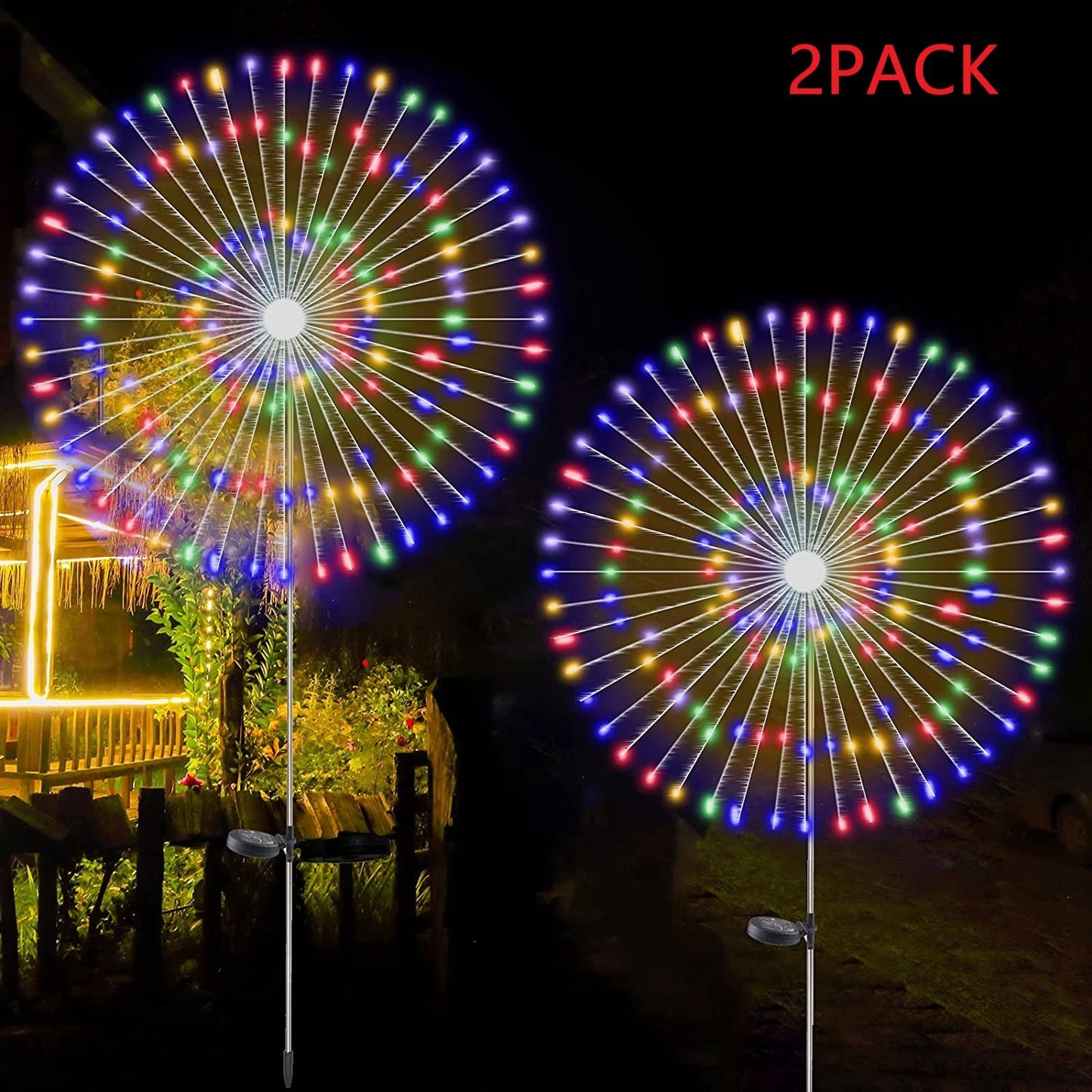 2PCS Solar Fireworks Lamps 90 LED Multi-Color Outdoor Christmas Lights