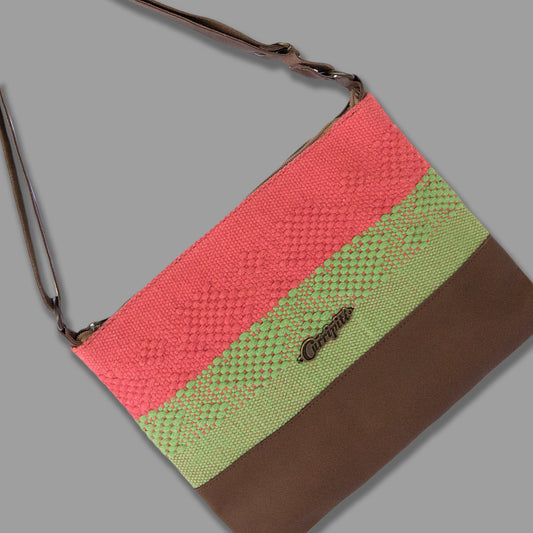 Cross-Body Bag in Brown Leather with Coral and Green Stripe