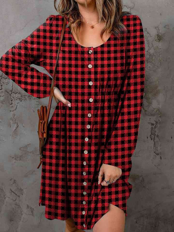 Double Take Full Size Plaid Round Neck Long Sleeve Magic Dress