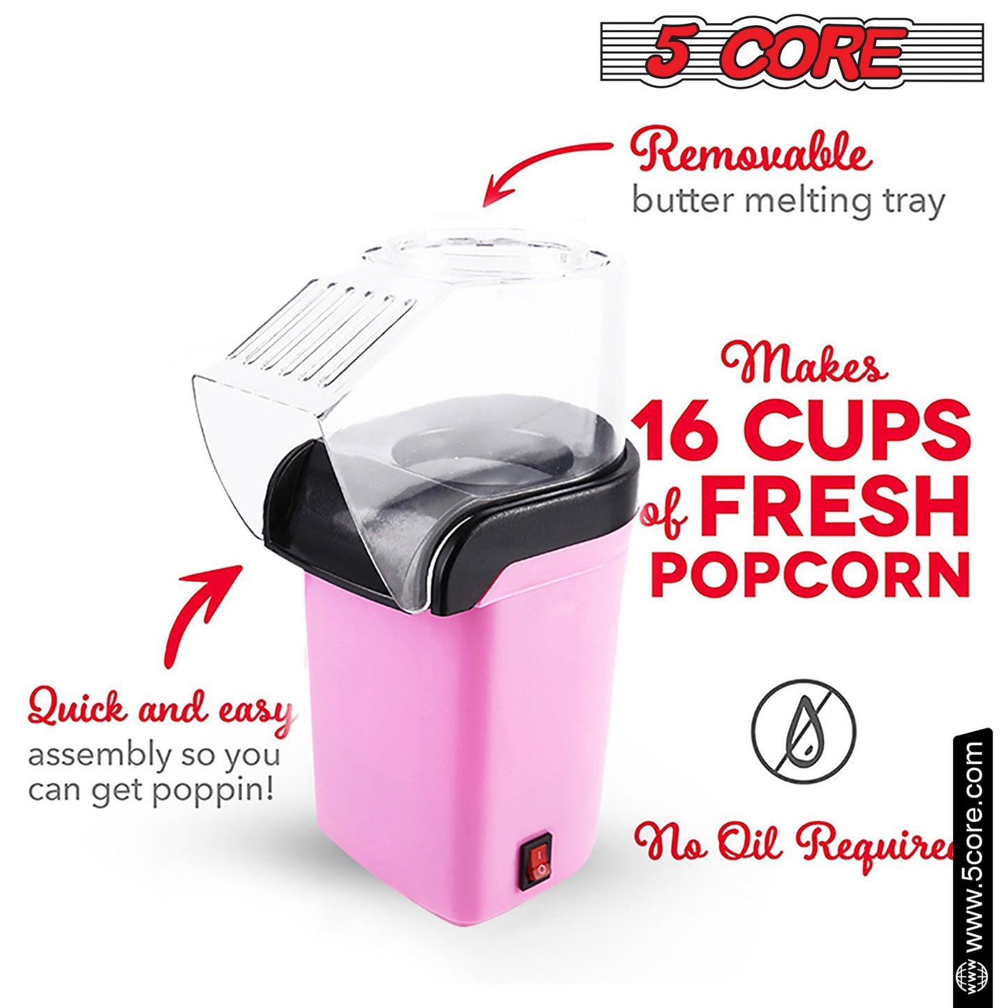 5Core Hot Air Popcorn Machine, 16 Cup, Electric Oil-Free Pop Corn