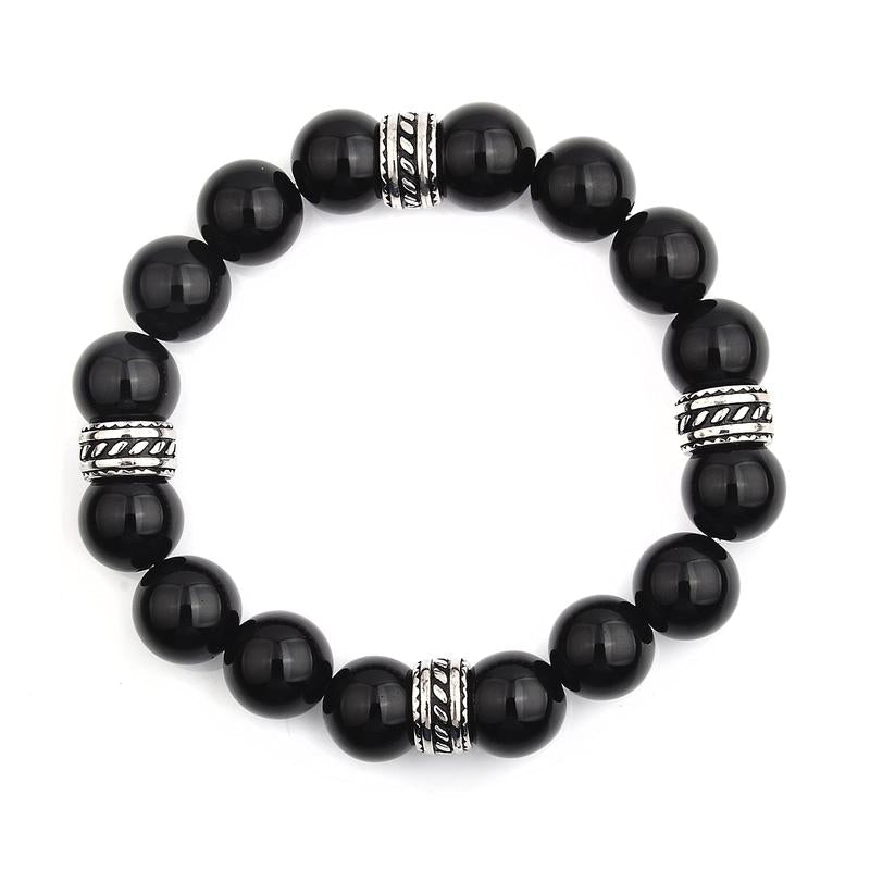 CRUCIBLE STAINLESS STEEL POLISHED ONYX TRIBAL BEADED STRETCH BRACELET