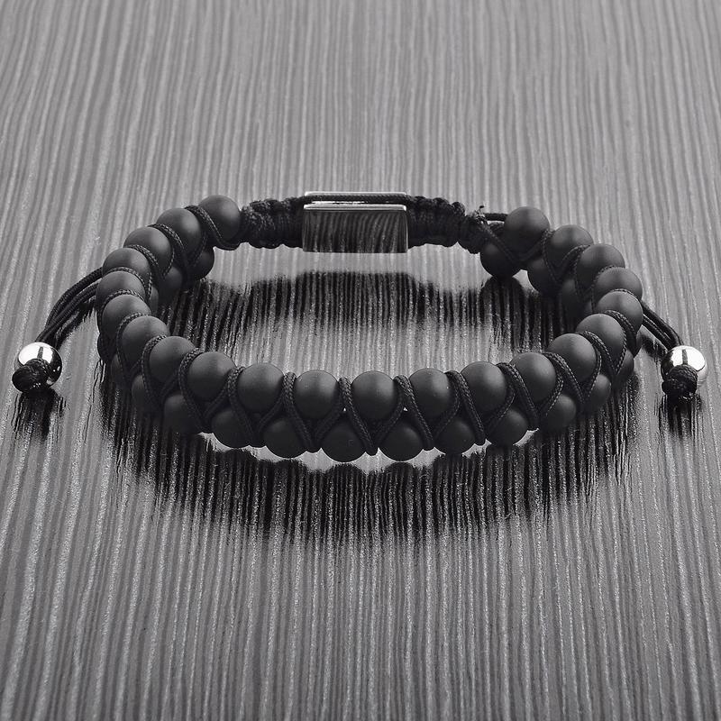 CRUCIBLE MEN'S MATTE BLACK AGATE STONE BEADED ADJUSTABLE BRACELET