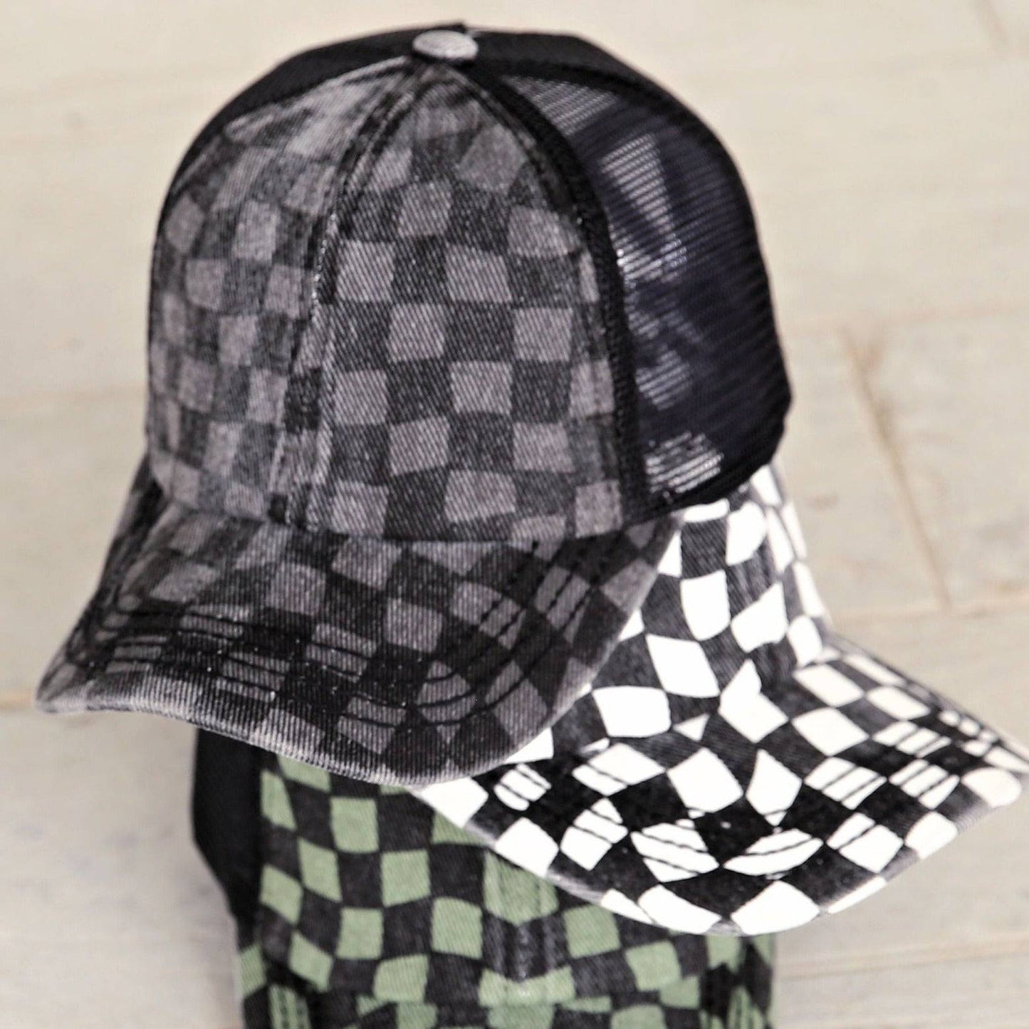 CC Checkered Pattern Pony Hats Criss Cross Style Women Cap for