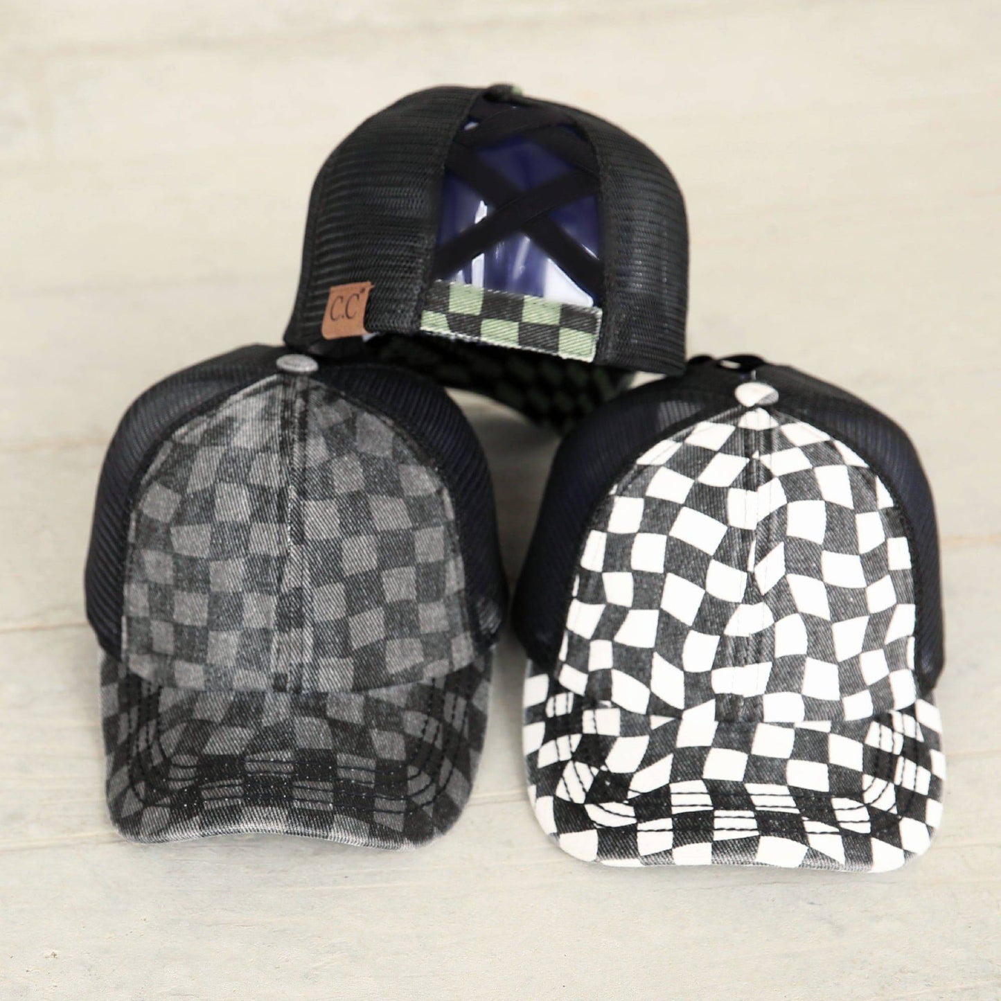 CC Checkered Pattern Pony Hats Criss Cross Style Women Cap for