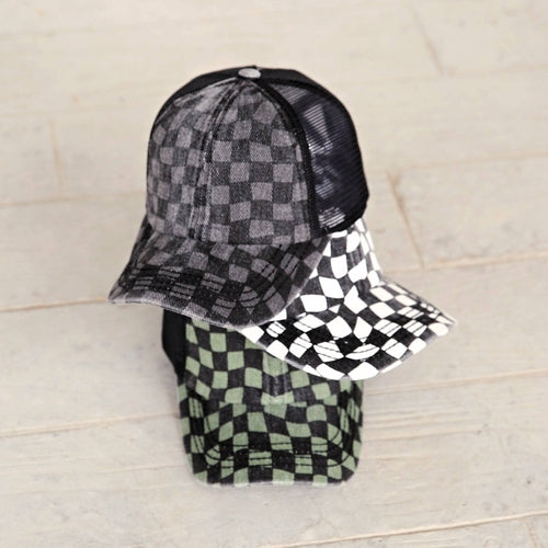 CC Checkered Pattern Pony Hats Criss Cross Style Women Cap for