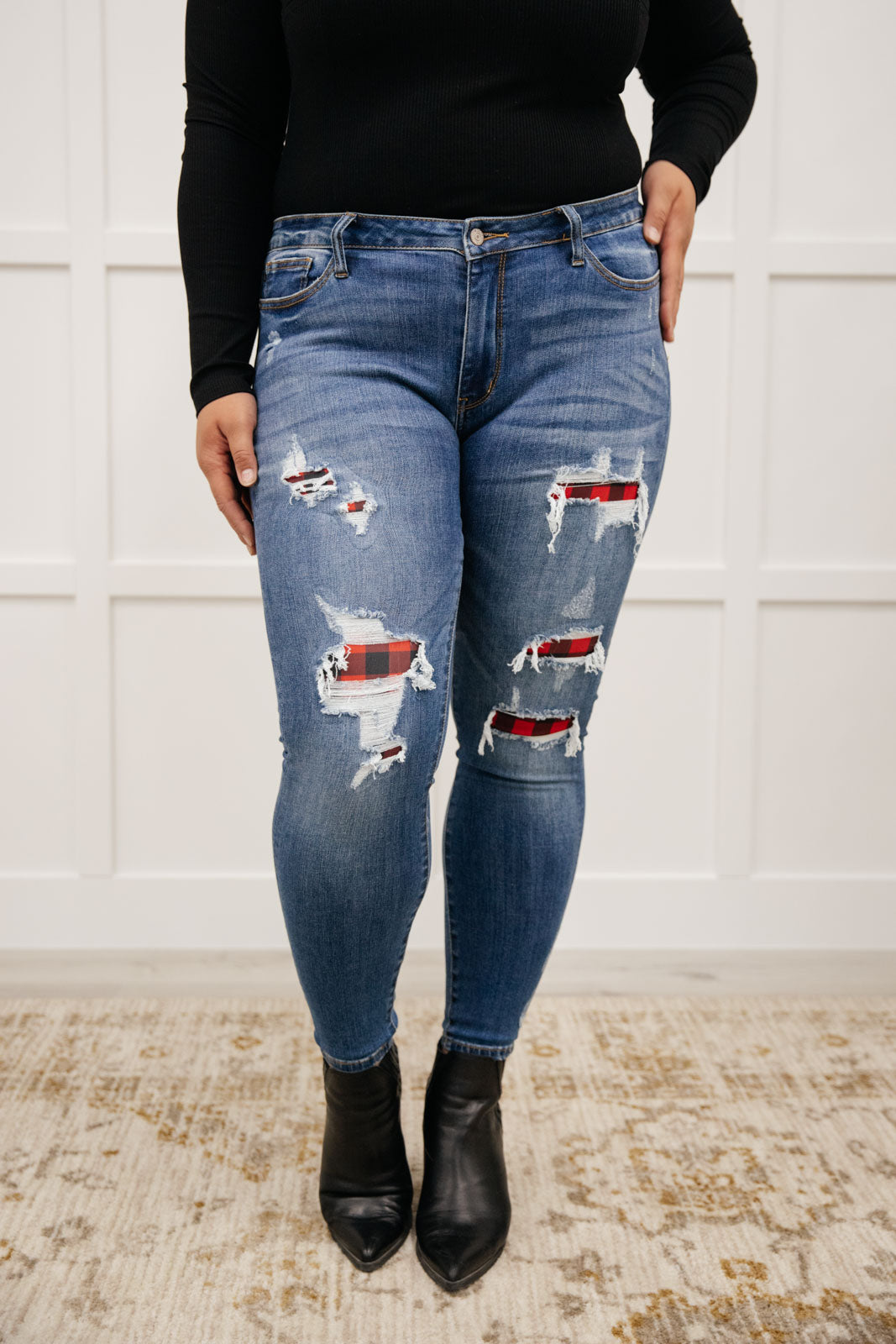 Judy Blue Buffalo Plaid Peek-A-Boo Skinnies