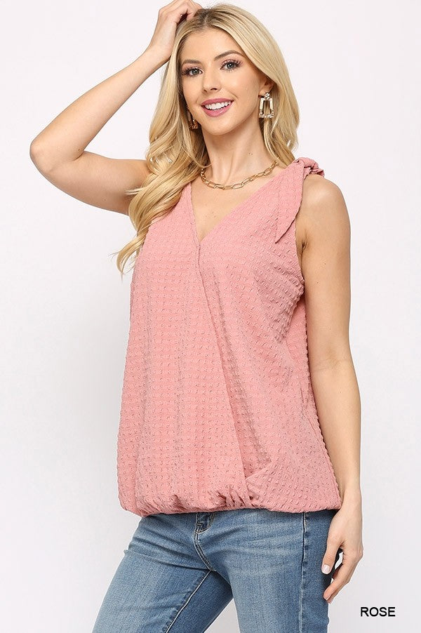 Solid Textured And Sleeveless Surplice Top With Shoulder Tie