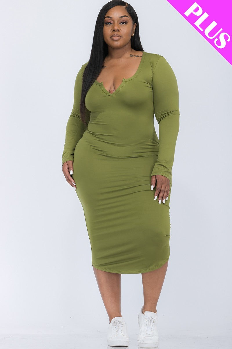 Split Neck Long Sleeve Midi Dress