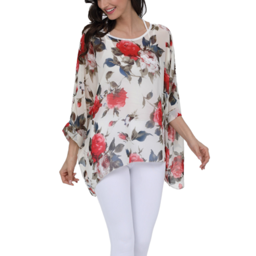 Womens Rose Floral Print Chiffon Top