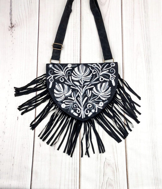 Fringed Handmade Suede Embroidered Heart Shaped Bag