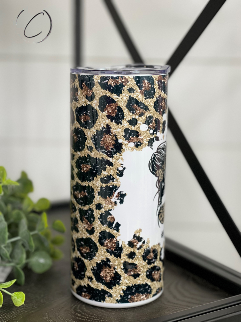 Leopard Messy Bun #Kidlife 15oz Kids Skinny Tumbler