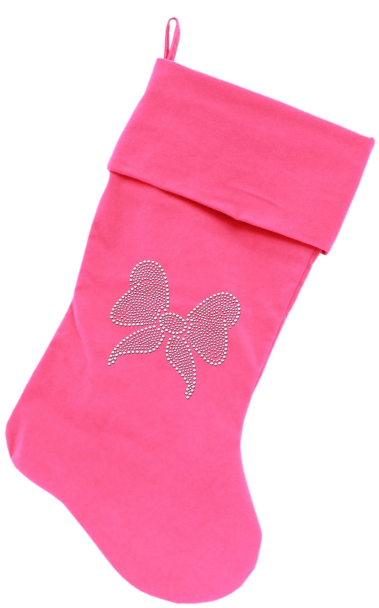 18 in. Clear Bow Rhinestone Velvet Christmas Stocking - Pink