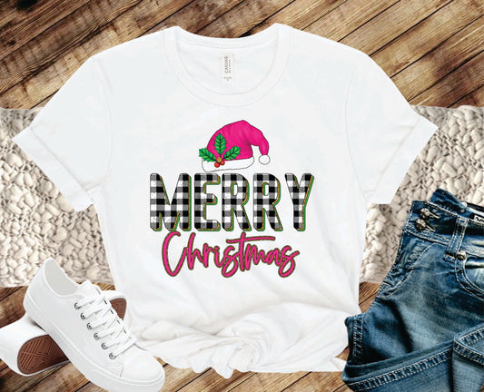 Merry Christmas Pink Plaid Glitter- Graphic Tee