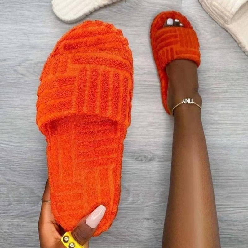 Thick Bottom Embossed Cotton Fur Women Slides