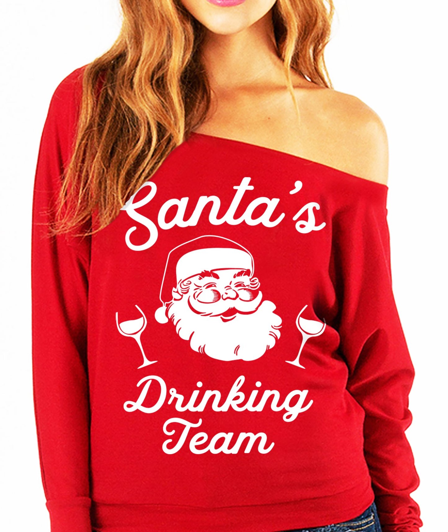 SANTA'S DRINKING TEAM Christmas Slouchy Sweatshirt Wine Version -