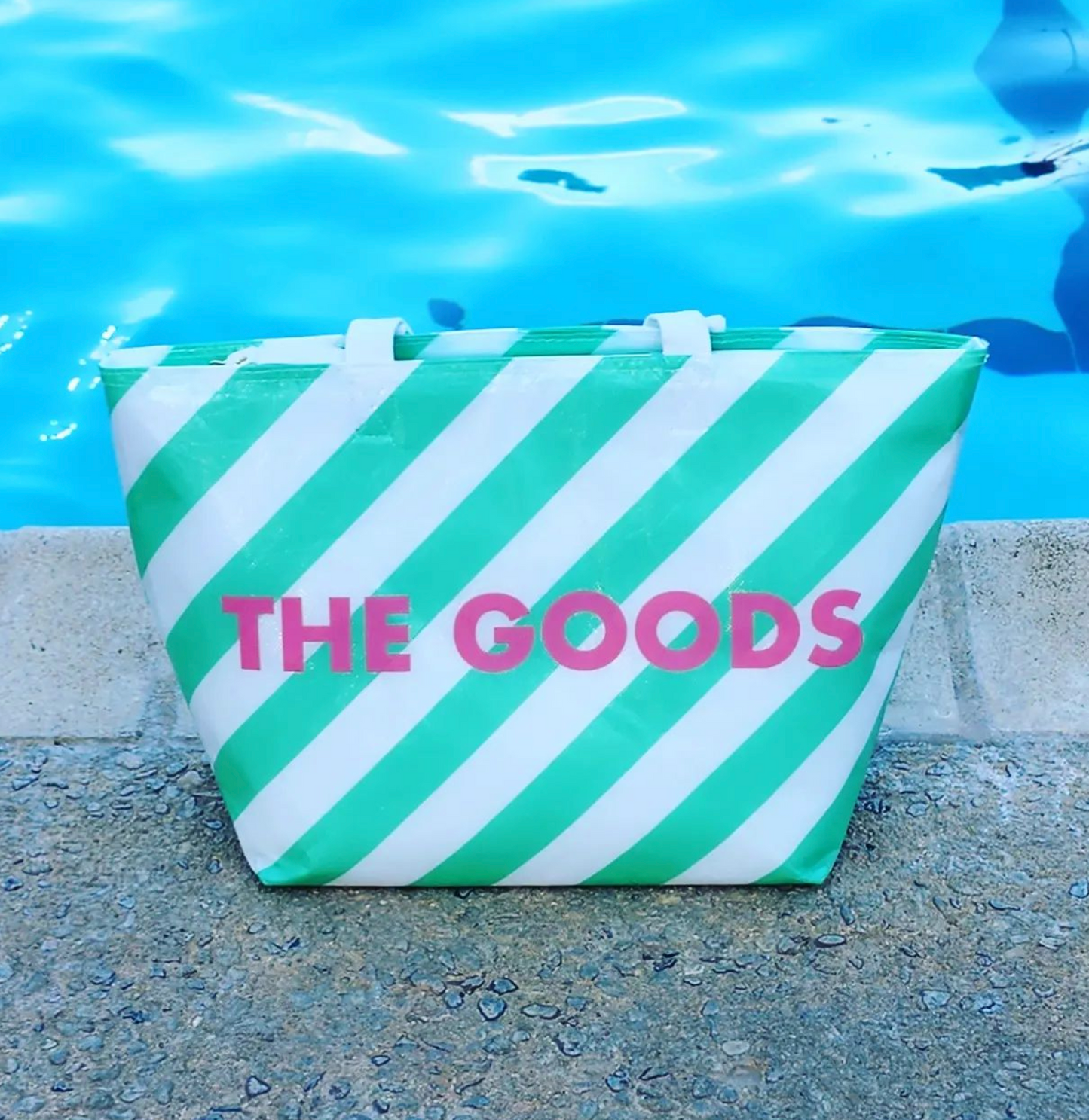 The Goods Cooler Insulated Tote Bag in Green and White Stripes | Soft