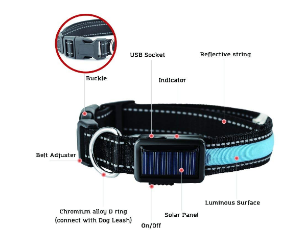 USB and Solar Charge Reflective Led Dog Collar