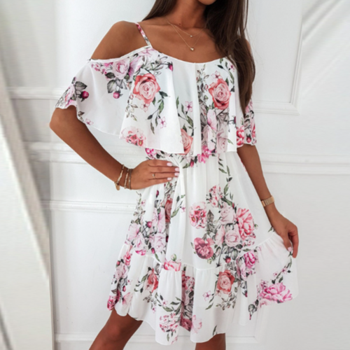 Women Cold Shoulder Ruffle Chiffon Beach Dress