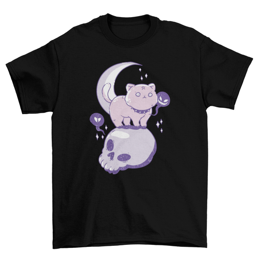 Goth cat animal on skull t-shirt