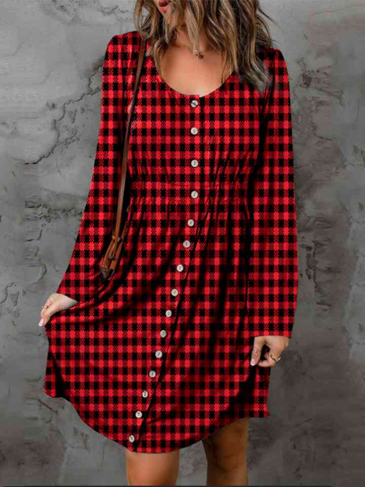 Double Take Full Size Plaid Round Neck Long Sleeve Magic Dress