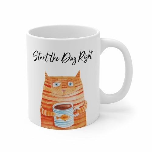 Start the Day Right Cat Holding Goldfish Coffee Tea Mug