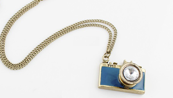 Vintage Camera Necklace in Teal | Antique Brass Long Chain | Gift Box