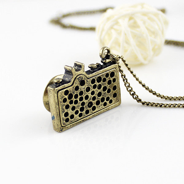 Vintage Camera Necklace in Teal | Antique Brass Long Chain | Gift Box