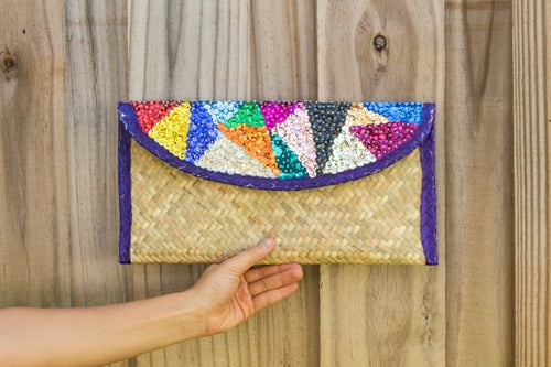 Handmade Small Bag With Colorful Sequin. Embroidery Triangles , Purple