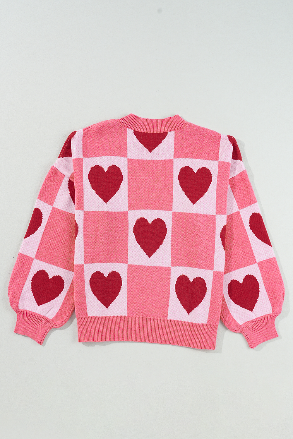 Pink Plus Size Love Heart Block Mock Neck Lantern Sleeve Valentine Sweater