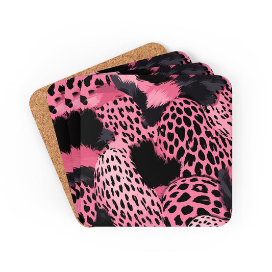 Coaster Set Of 4 For Drinks Pink And Black Leopard Spots Illustration